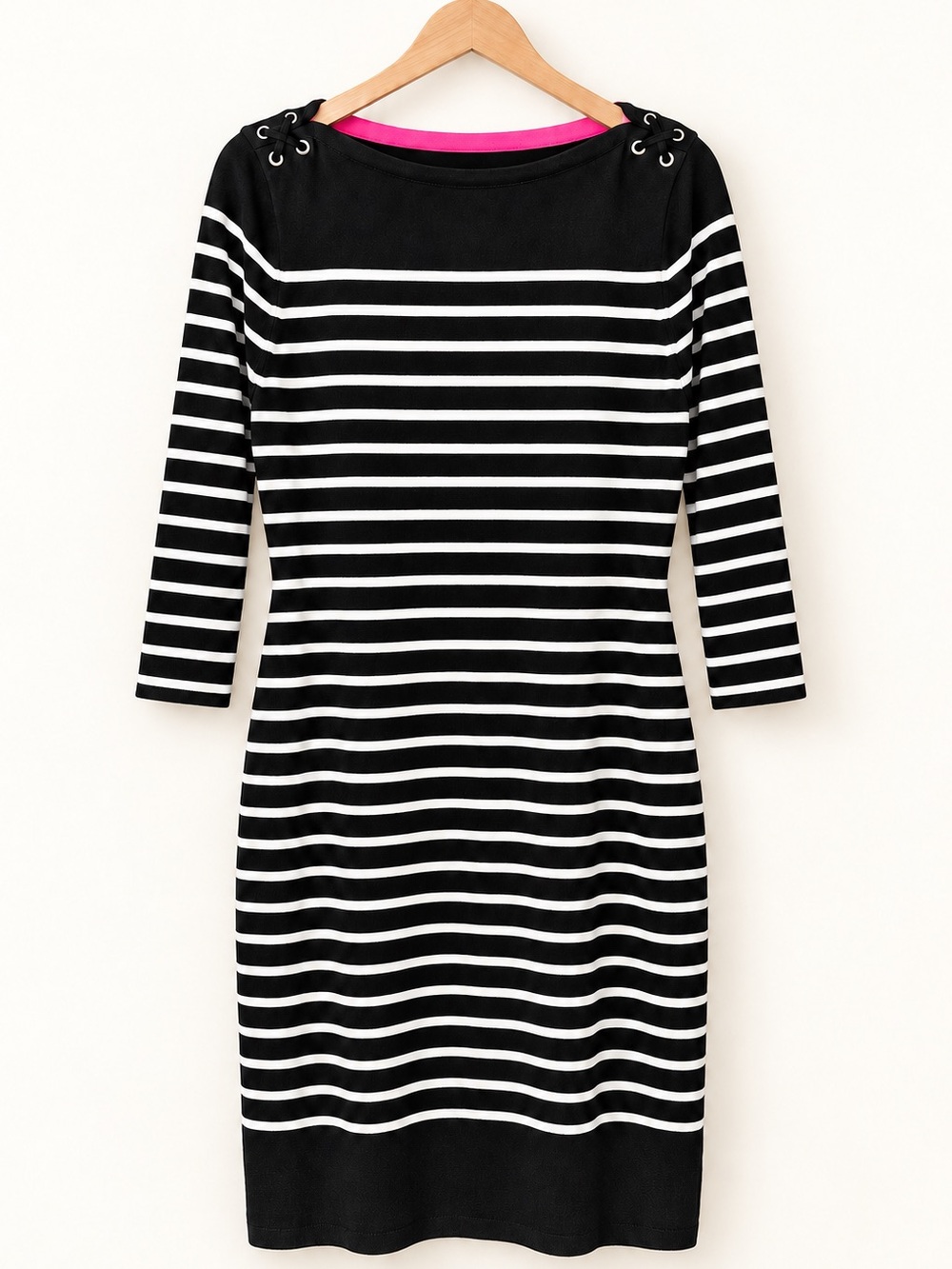 Lauren Ralph Lauren Black White Striped Lace-Up Shoulder Knit Dress Size L